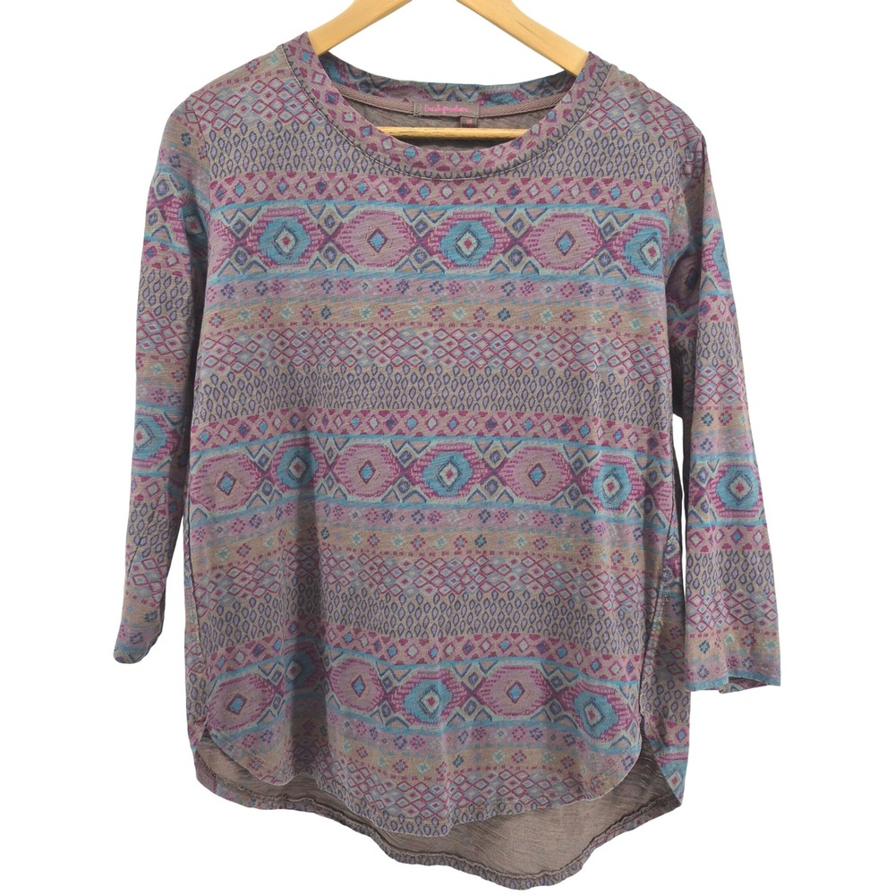 Fresh Produce Womens Geometric Print 3/4 Sleeve Top Southwestern Tribal Sz S USA